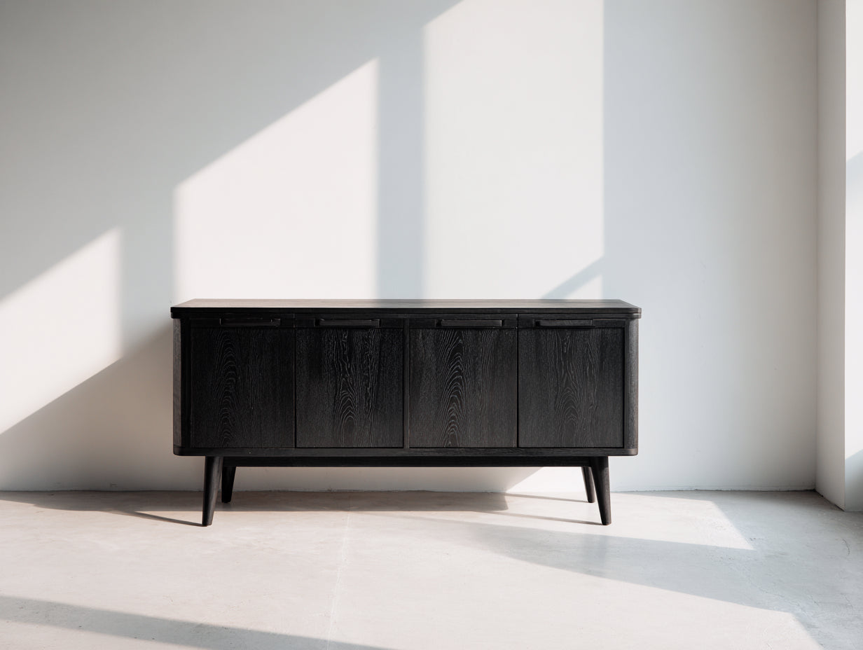 Meuble d'entrée en bois effet chêne 160x40x76 cm - noir - 4 portes style contemporain