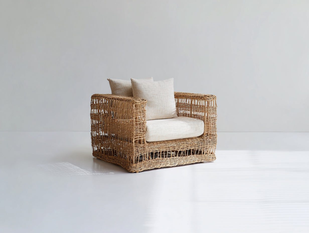 Fauteuil de jardin en rotin tressé 88x82x76 cm - naturel-beige clair - assise enveloppante pour extérieur