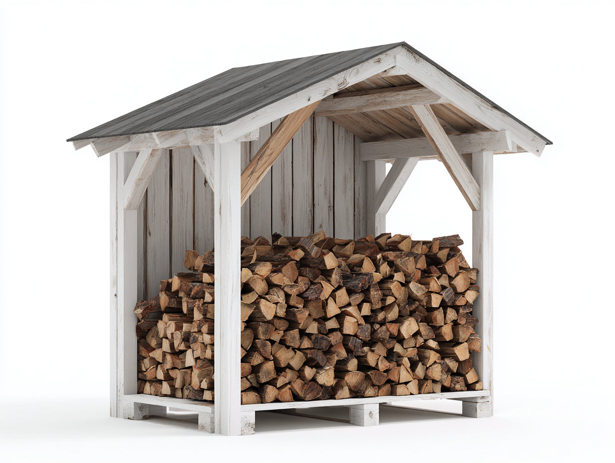 Abri à bûches en bois blanc vieilli 180 x 90 x 190 cm - rangement extérieur avec toit gris à deux pentes