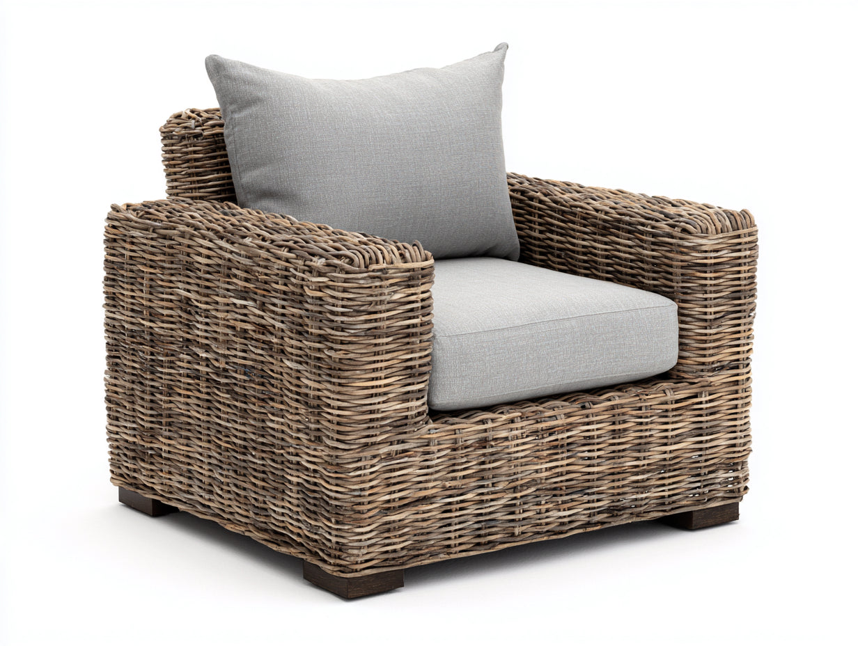 Fauteuil de jardin en rotin tressé 96x88x78 cm - naturel et gris clair - assise large