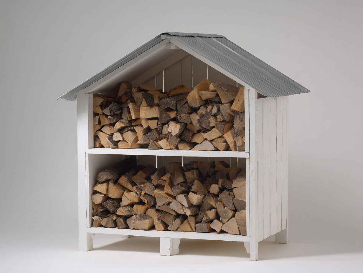 Abri à bûches en bois blanc 155 x 70 x 165 cm - rangement extérieur à 2 niveaux avec toit gris
