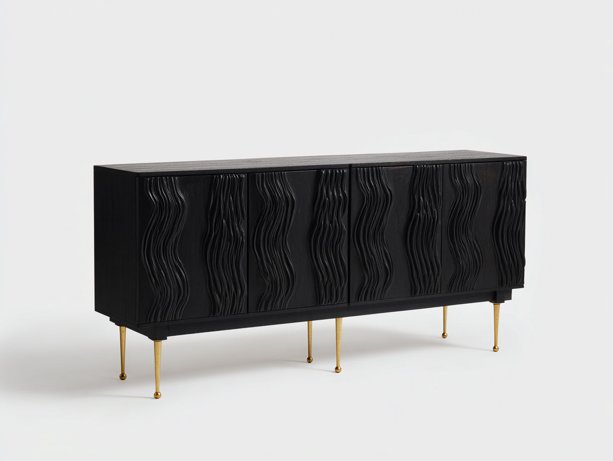 Meuble d'entrée en bois d'ingénierie 180x40x80 cm - noir-or - façades sculptées et rangement 4 portes