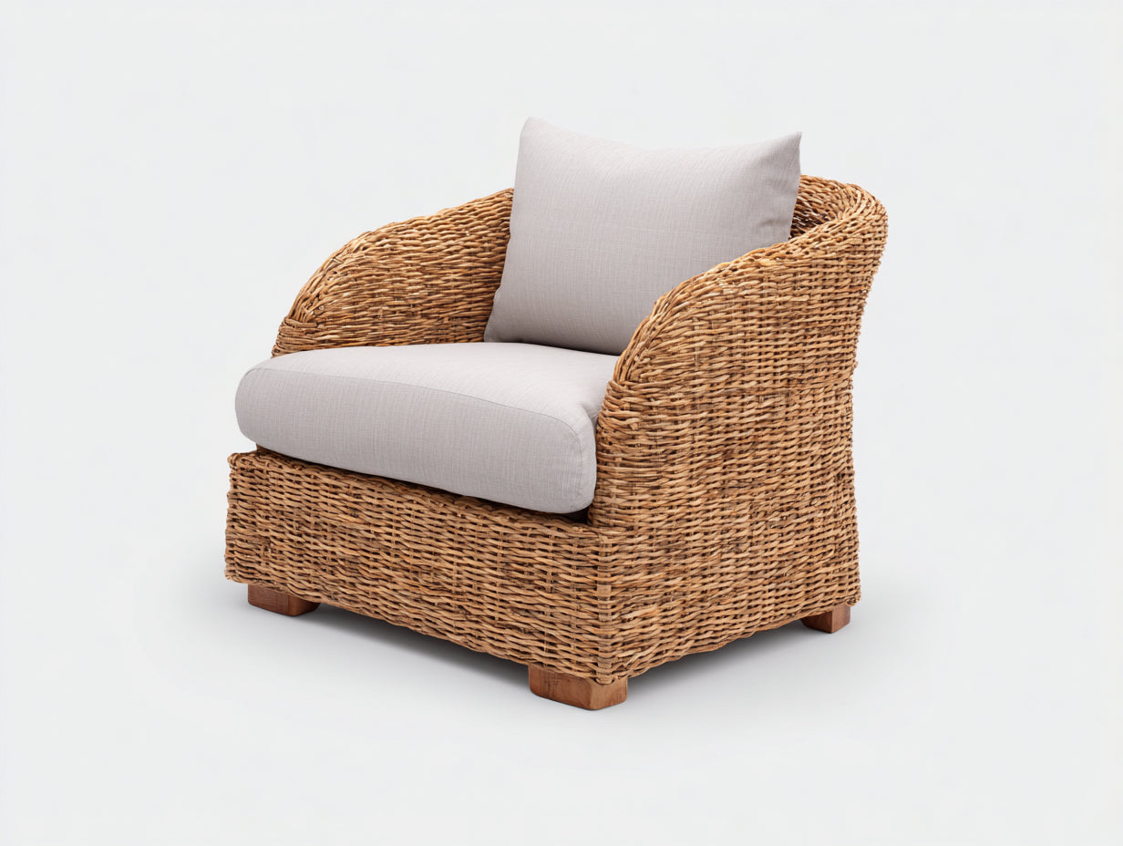 Fauteuil de jardin en rotin tressé 105x90x74 cm - bois naturel et beige - assise large