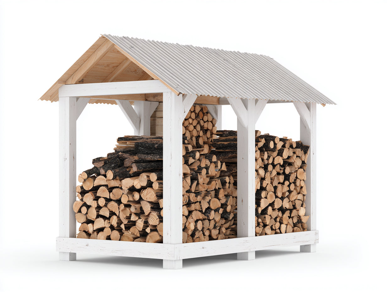 Abri à bûches en bois 300x100x205 cm - blanc gris et bois naturel - toiture ondulée