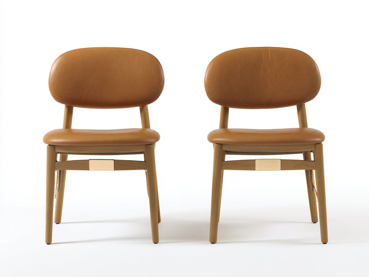Lot de 2 chaises de salle à manger en revêtement effet cuir 51x56x82 cm - cognac-bois naturel - dossier ovale au design rétro
