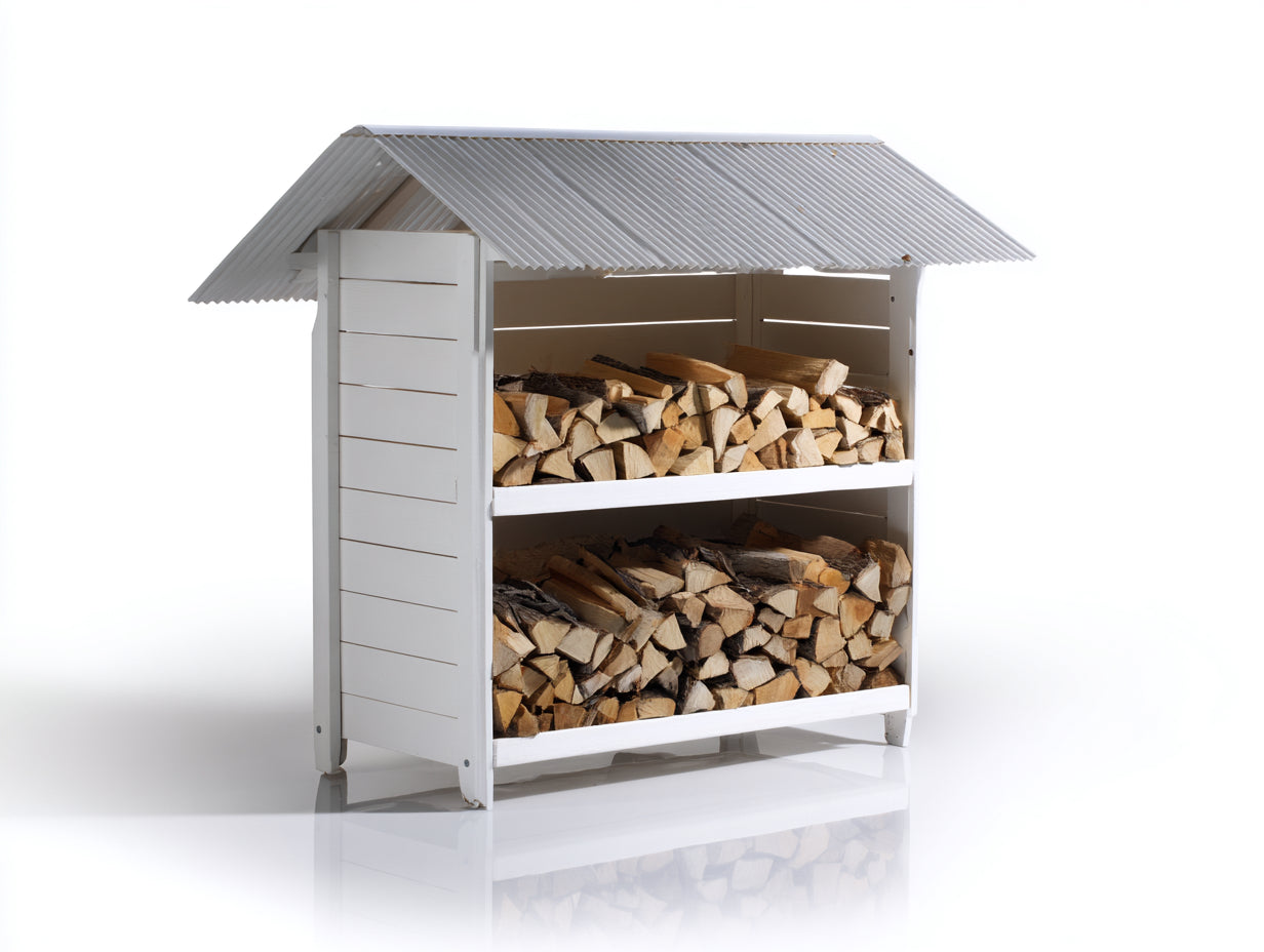 Abri à bûches en bois peint blanc 150 x 70 x 160 cm - rangement extérieur à 2 niveaux avec toit incliné