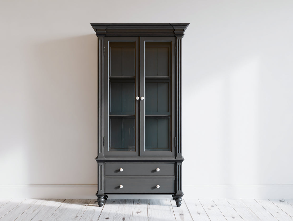 Vitrine en bois et verre 92x42x190 cm - gris anthracite et blanc - 2 portes 2 tiroirs style classique