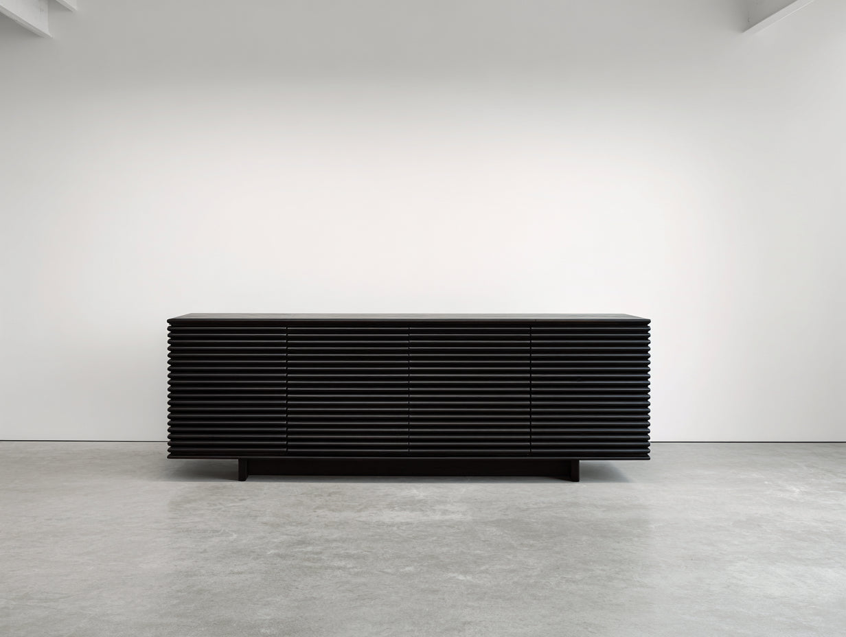Meuble d'entrée noir effet bois 180x40x58 cm - façade rainurée - style contemporain