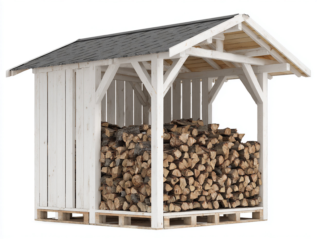 Abri à bûches en bois 260x130x205 cm - blanc et gris - toiture à double pente