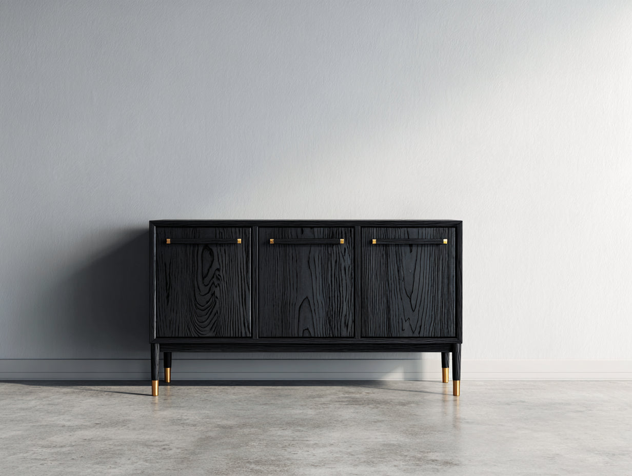 Meuble d'entrée en bois effet veinage 150x40x80 cm - noir et doré - design moderne