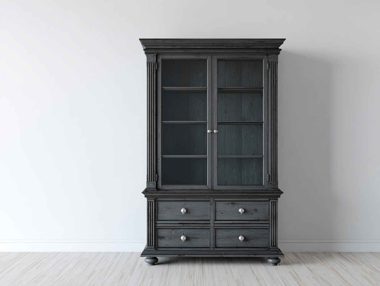 Vitrine en bois noir 140x45x185 cm - 2 portes vitrées et 4 tiroirs - style classique