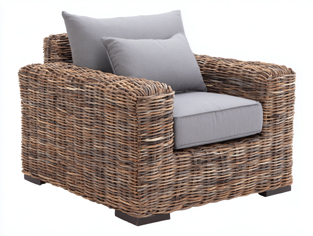 Fauteuil de jardin en rotin tressé naturel 105 x 92 x 74 cm - assise grise pour terrasse