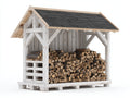 Abri à bûches en bois 320x120x210 cm - blanc bois naturel et toit noir - style chalet