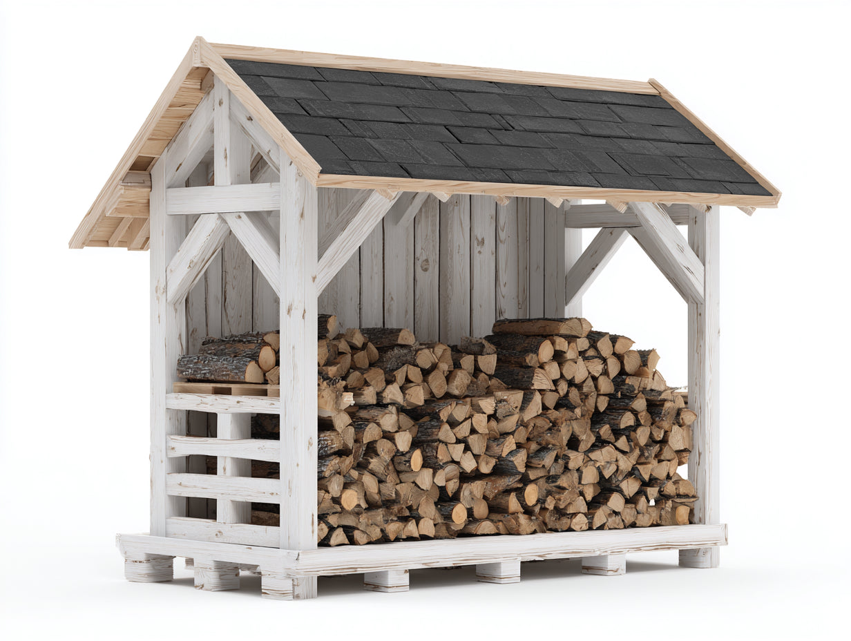 Abri à bûches en bois 320x120x210 cm - blanc bois naturel et toit noir - style chalet