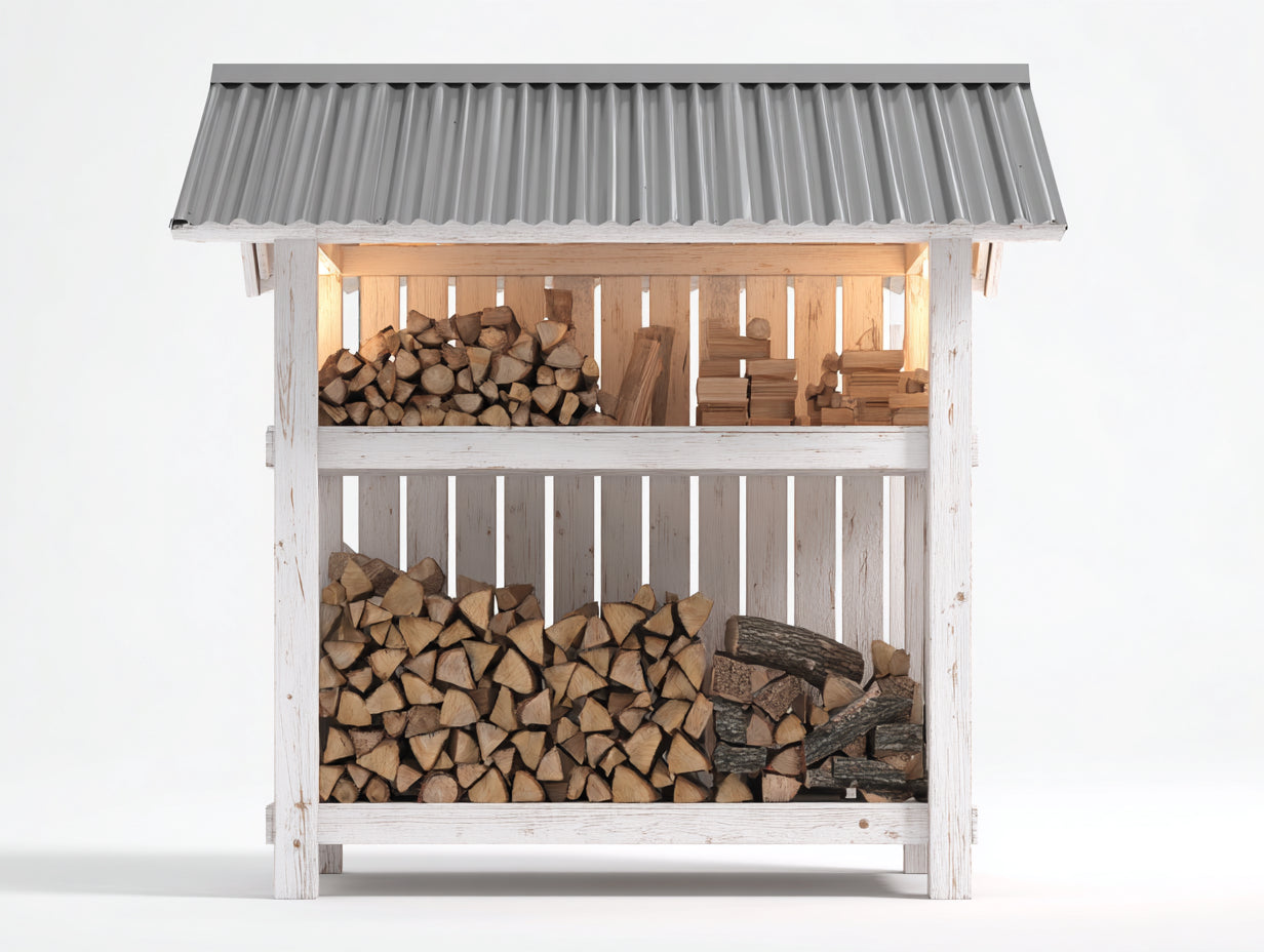 Abri à bûches en bois massif 160x70x190 cm - blanc-gris - rangement à 2 niveaux avec toiture ondulée