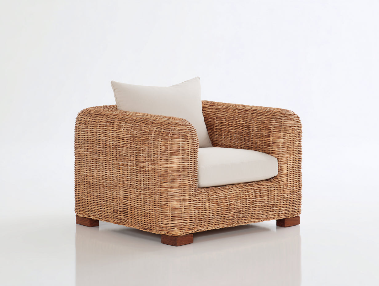 Fauteuil de jardin en rotin naturel 92 x 86 x 72 cm - assise beige pour terrasse et balcon