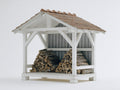Abri à bûches en bois 280x120x205 cm - blanc gris clair et toit terre cuite - style chalet
