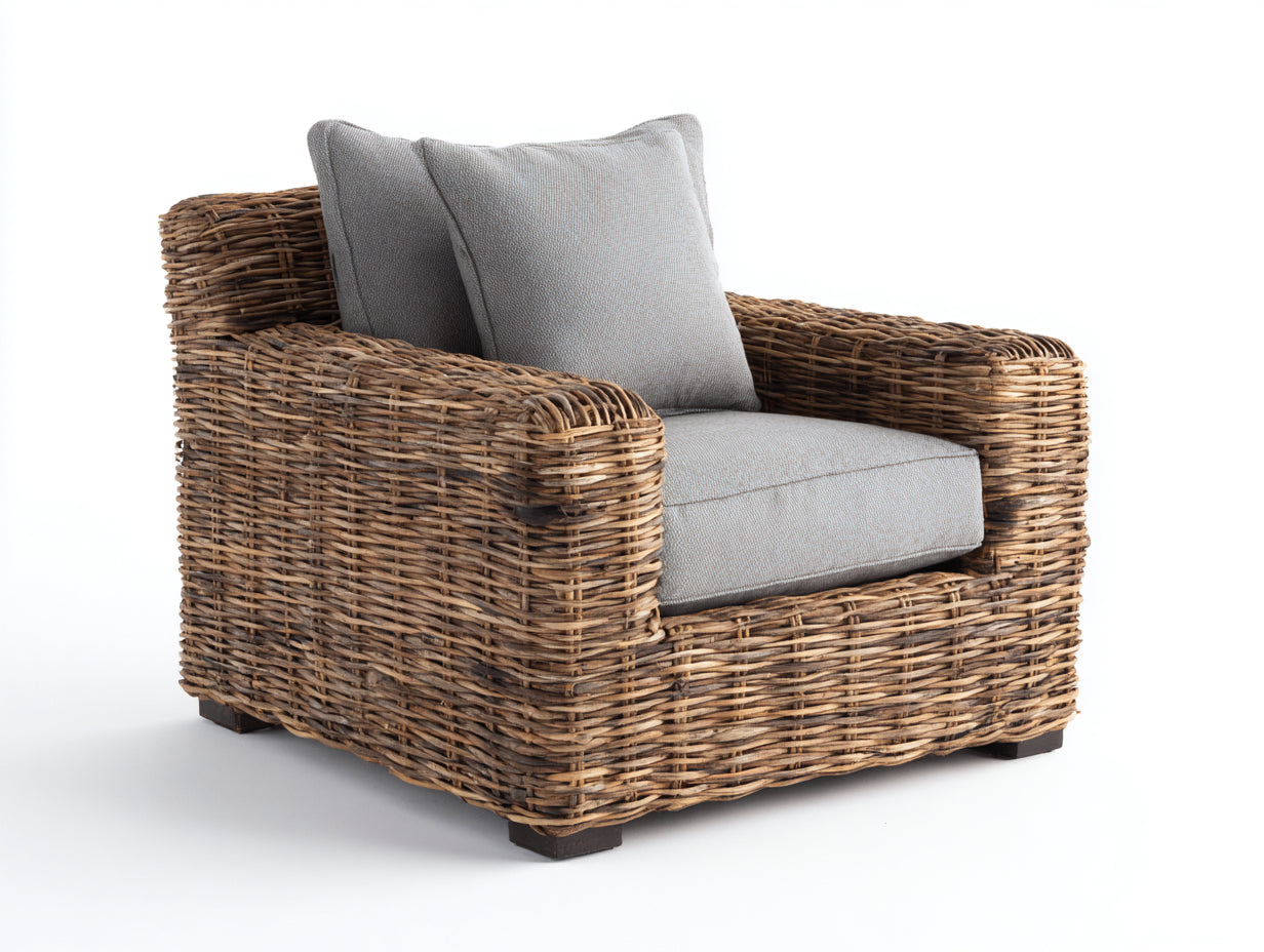 Fauteuil de jardin en rotin tressé 112x94x76 cm - naturel et gris clair - accoudoirs larges