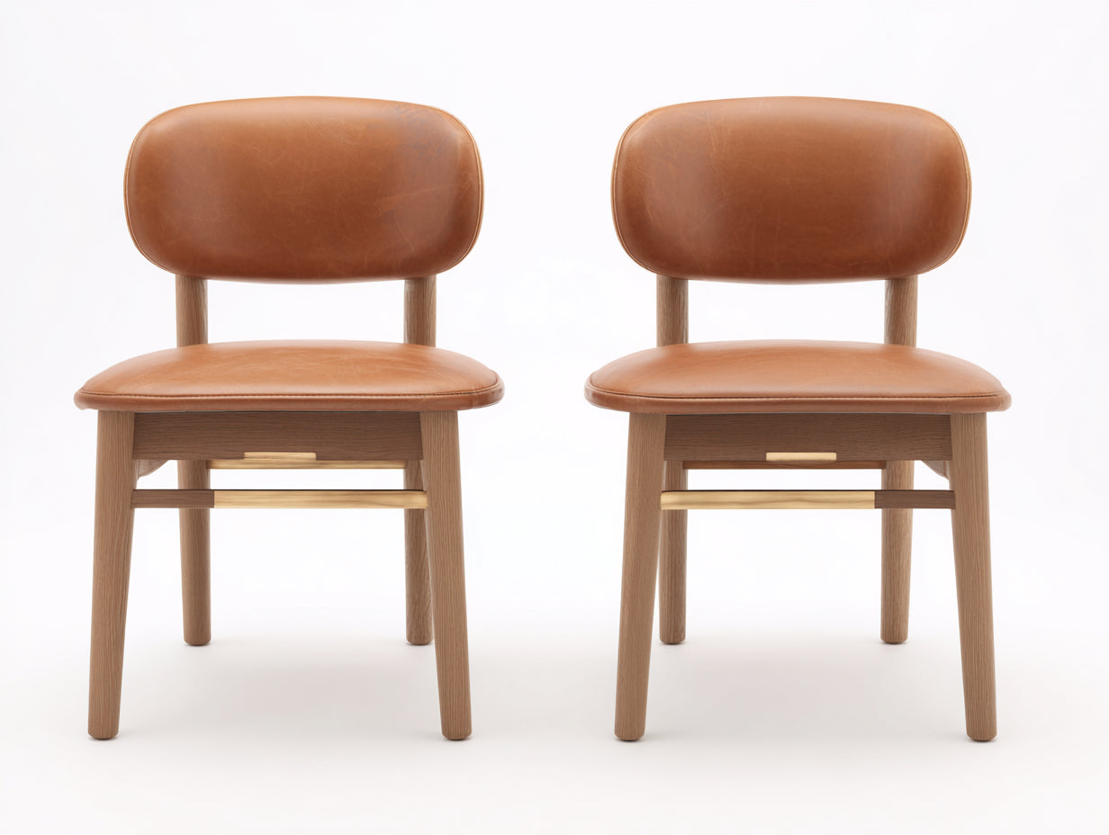 Salle à manger lot de 2 chaises effet cuir 52x56x80 cm - cognac bois naturel et doré - dossier arrondi style rétro