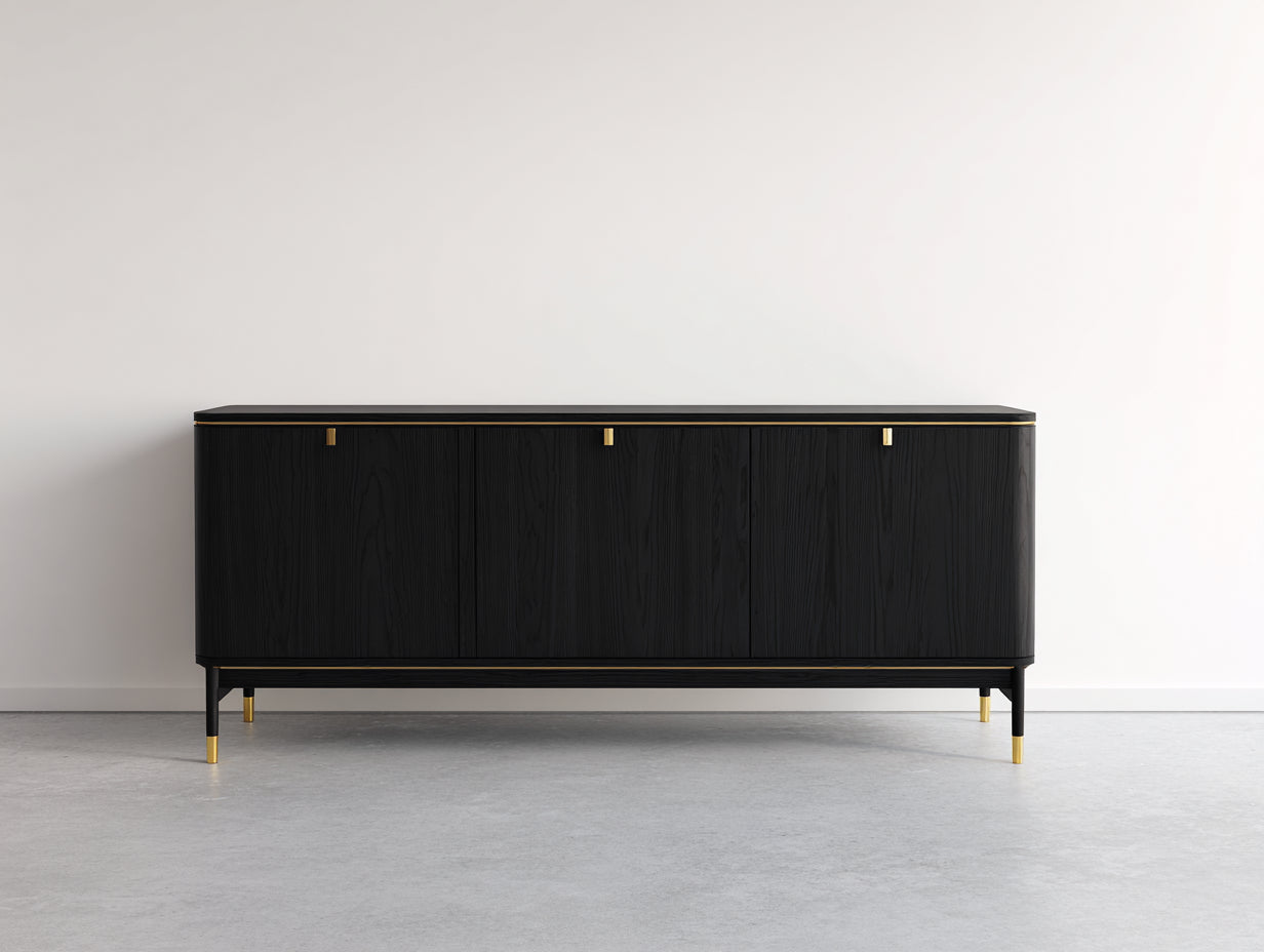 Meuble d'entrée en bois d'ingénierie 180x42x82 cm - noir-or - rangement 3 portes au design contemporain
