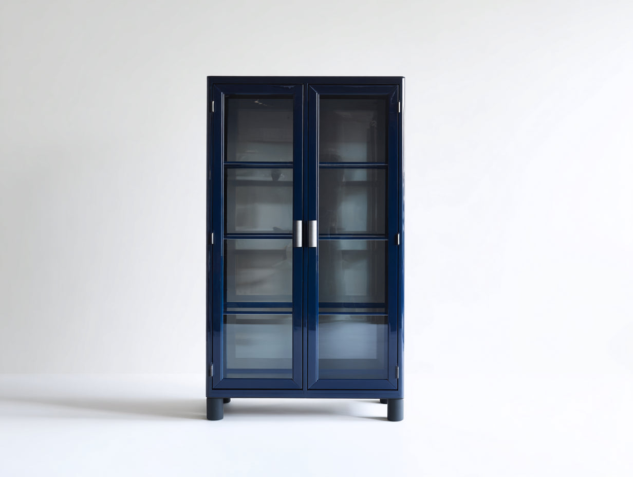 Vitrine en bois d'ingénierie et verre 90x40x180 cm - bleu marine-argent - 2 portes vitrées pour cuisine et salle à manger
