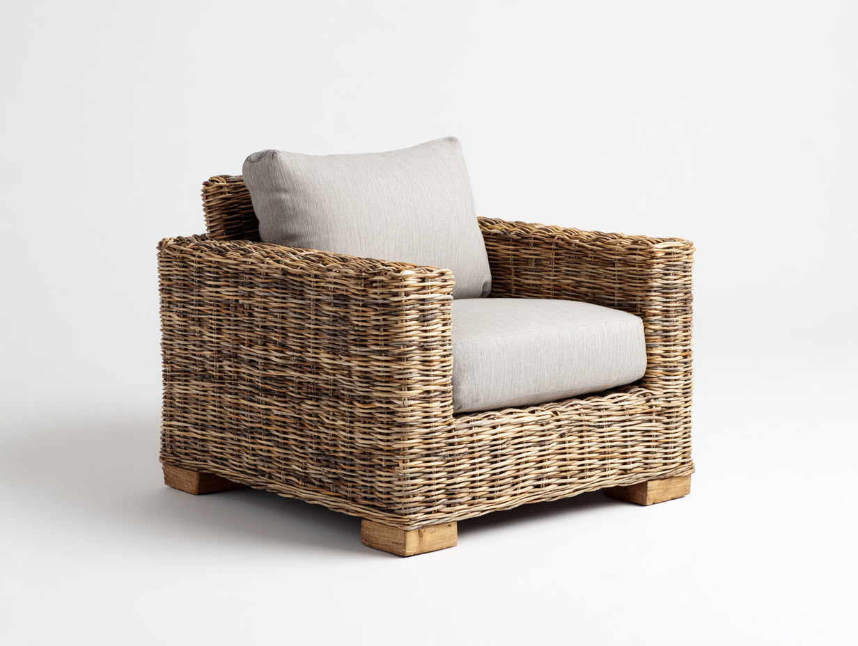 Fauteuil de jardin en rotin tressé 104x92x79 cm - brun beige et bois naturel - assise large style naturel