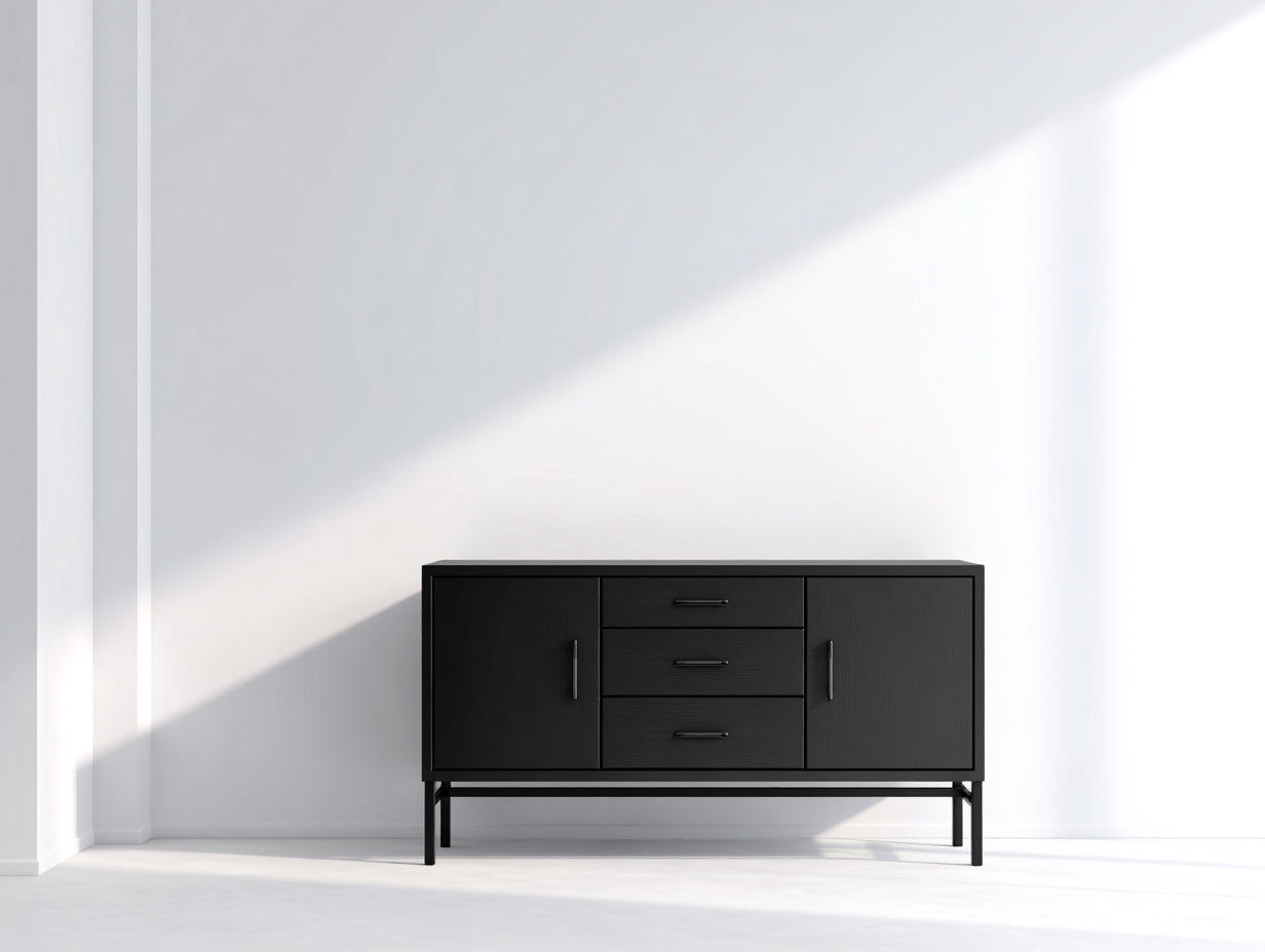 Meuble d'entrée noir effet bois 150x40x80 cm - 2 portes et 3 tiroirs - style contemporain